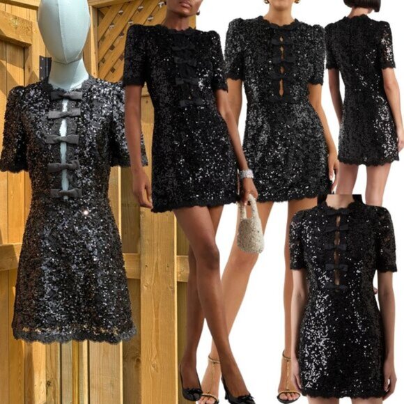 🆕 REBECCA VALLANCE 🧿 NWOT x Nicky Hilton Diana Black Bow Sequin Mini, Sz US 2 - Picture 1 of 16